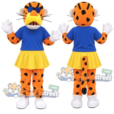 Orange Cheetah Mascot Costume with Blue Shirt, Yellow Skirt and Sunglasses