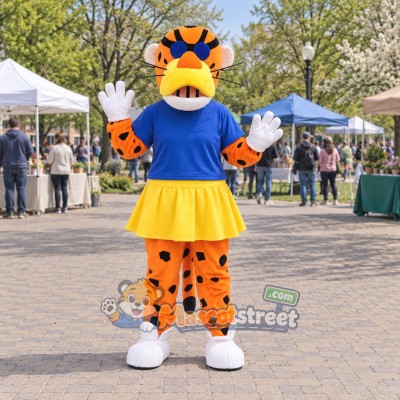 Orange Cheetah Mascot Costume with Blue Shirt, Yellow Skirt and Sunglasses