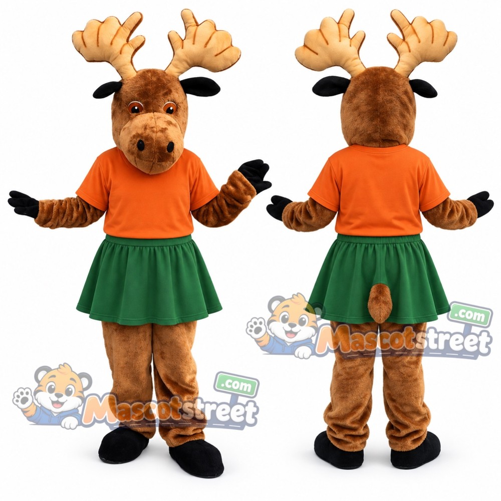 Brown Moose Mascot Costume with Orange Shirt and Green Skirt