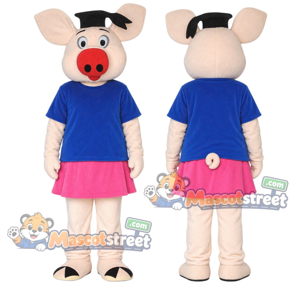 Pink Pig Mascot Costume with Blue Shirt and Pink Skirt