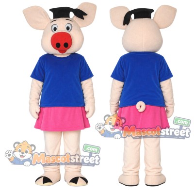 Pink Pig Mascot Costume with Blue Shirt and Pink Skirt