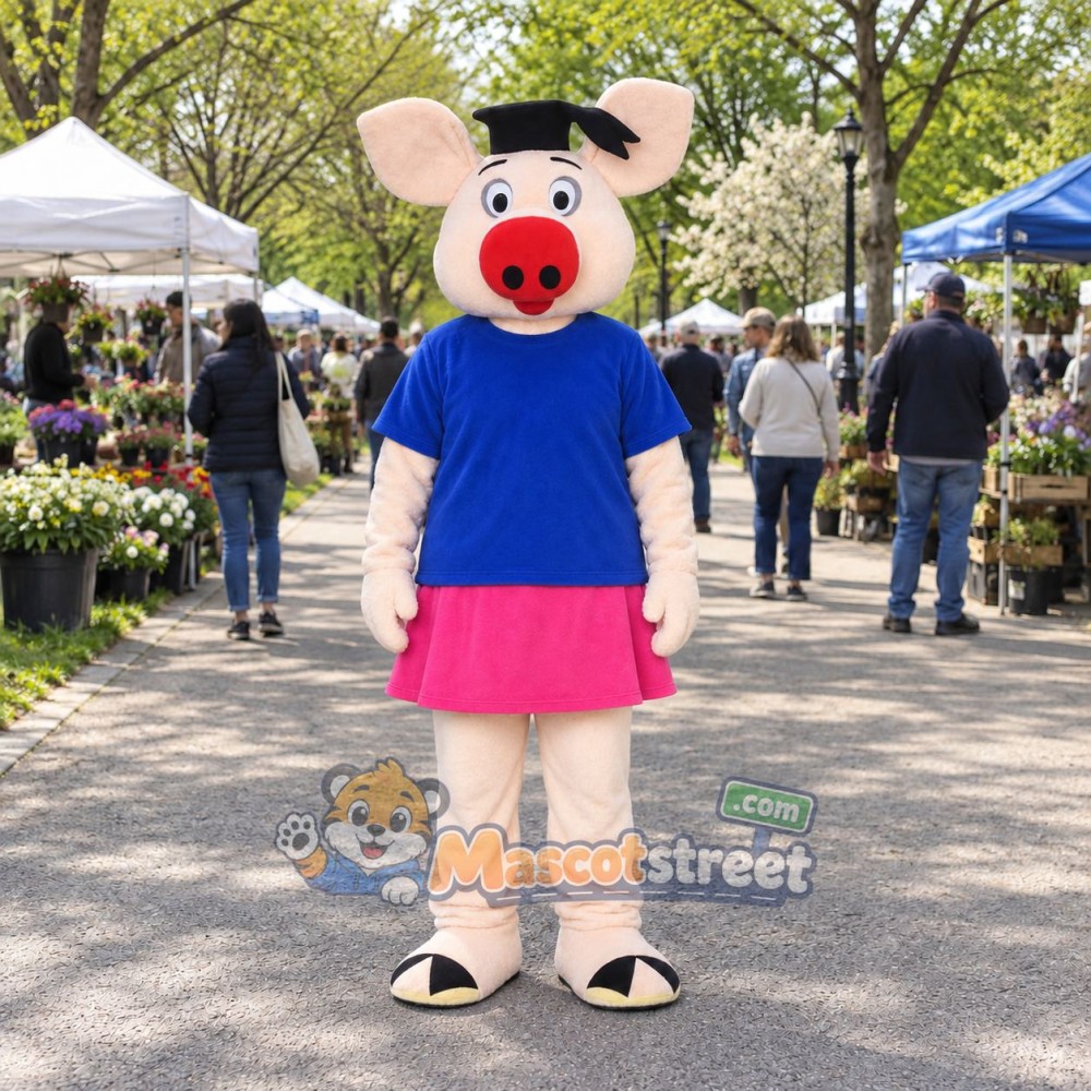 Pink Pig Mascot Costume with Blue Shirt and Pink Skirt