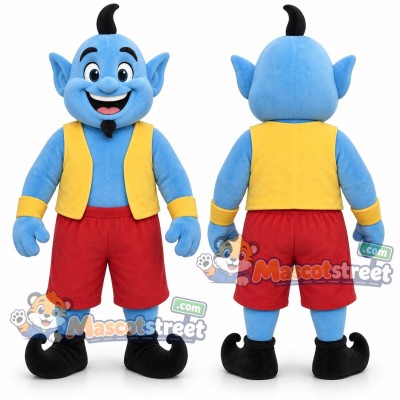 Blue Genie Mascot Costume with Yellow Vest and Red Shorts Blue Genie Mascot Costume with Yellow Vest and Red Shorts