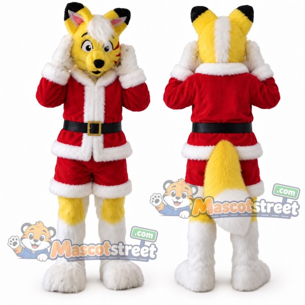 Yellow and White Canine Mascot Costume with Santa Suit and Hat