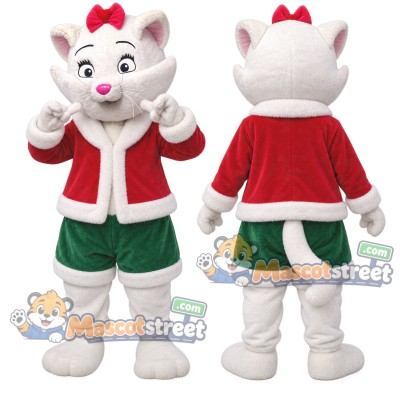White Cat Mascot Costume with Santa Jacket and Green Shorts White Cat Mascot Costume with Santa Jacket and Green Shorts
