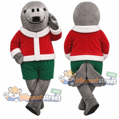 Gray Seal Mascot Costume with Santa Jacket and Green Shorts Gray Seal Mascot Costume with Santa Jacket and Green Shorts
