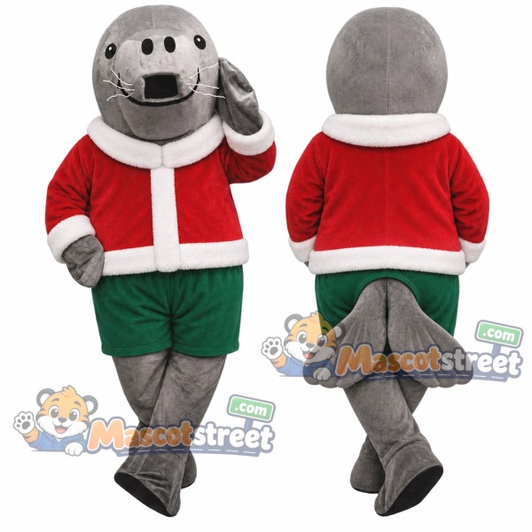Gray Seal Mascot Costume with Santa Jacket and Green Shorts