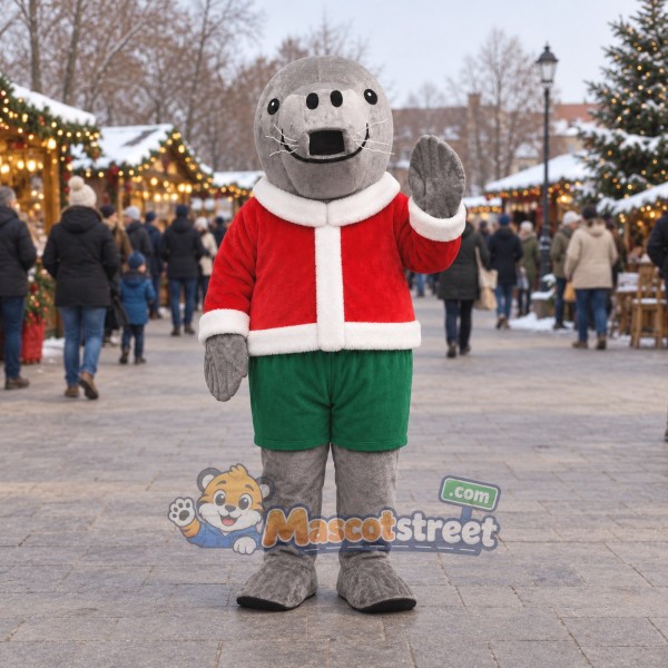 Gray Seal Mascot Costume with Santa Jacket and Green Shorts