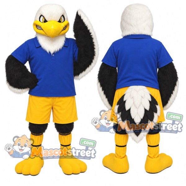 Bald Eagle Mascot Costume with Blue Shirt and Yellow Shorts