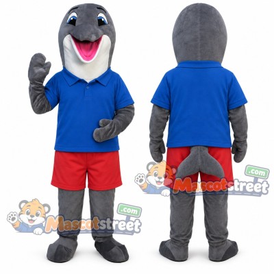 Gray Dolphin Mascot Costume with Blue Shirt and Red Shorts Gray Dolphin Mascot Costume with Blue Shirt and Red Shorts