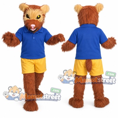 Brown Bear Mascot Costume with Blue Shirt and Yellow Shorts