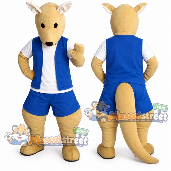 Tan Kangaroo Mascot Costume with Blue Vest and Shorts