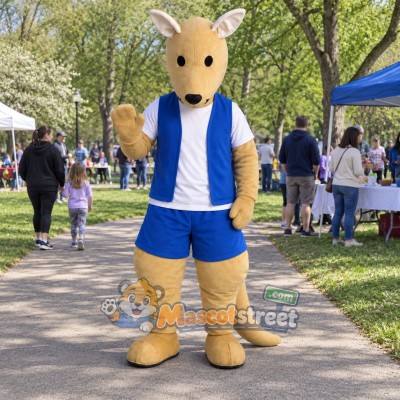 Tan Kangaroo Mascot Costume with Blue Vest and Shorts Tan Kangaroo Mascot Costume with Blue Vest and Shorts