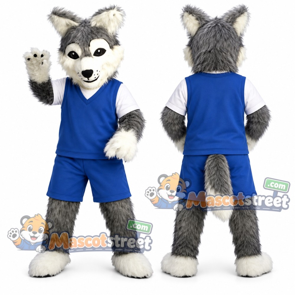 Gray Wolf Mascot Costume with Blue Sports Uniform Gray Wolf Mascot Costume with Blue Sports Uniform