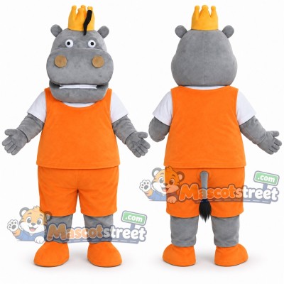 Gray Hippopotamus King Mascot Costume with Orange Shirt, Orange Shorts and Crown Gray Hippopotamus King Mascot Costume with Orange Shirt, Orange Shorts and Crown