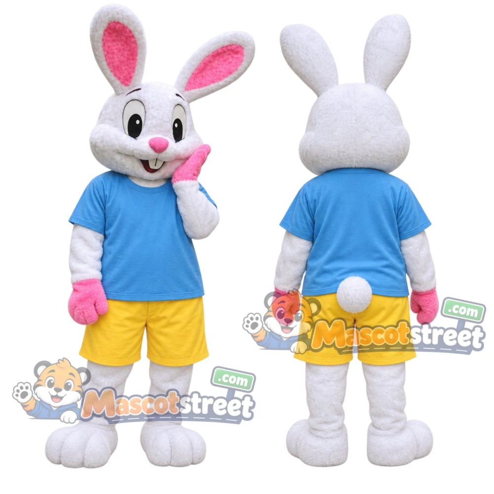 White Rabbit Mascot Costume with Light Blue Shirt and Yellow Shorts