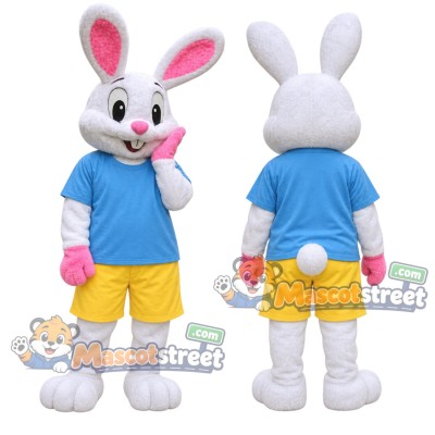White Rabbit Mascot Costume with Light Blue Shirt and Yellow Shorts