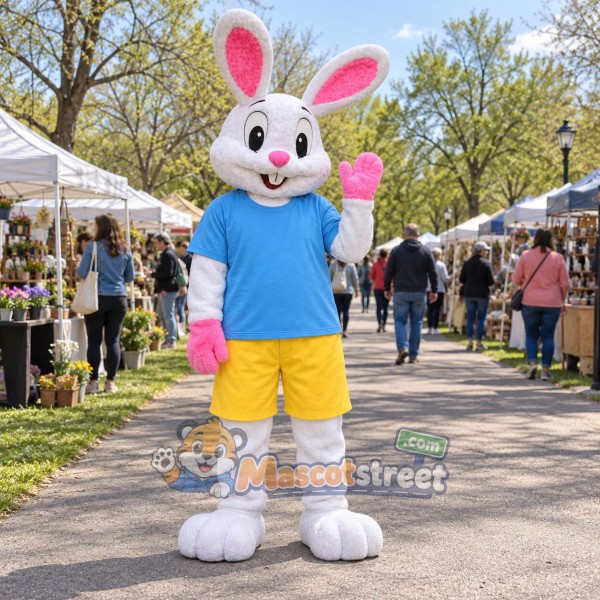 White Rabbit Mascot Costume with Light Blue Shirt and Yellow Shorts