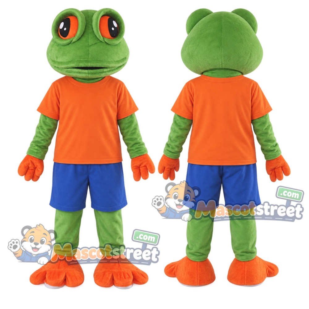 Green Frog Mascot Costume with Orange Shirt and Blue Shorts Green Frog Mascot Costume with Orange Shirt and Blue Shorts