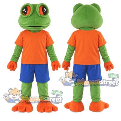 Green Frog Mascot Costume with Orange Shirt and Blue Shorts Green Frog Mascot Costume with Orange Shirt and Blue Shorts