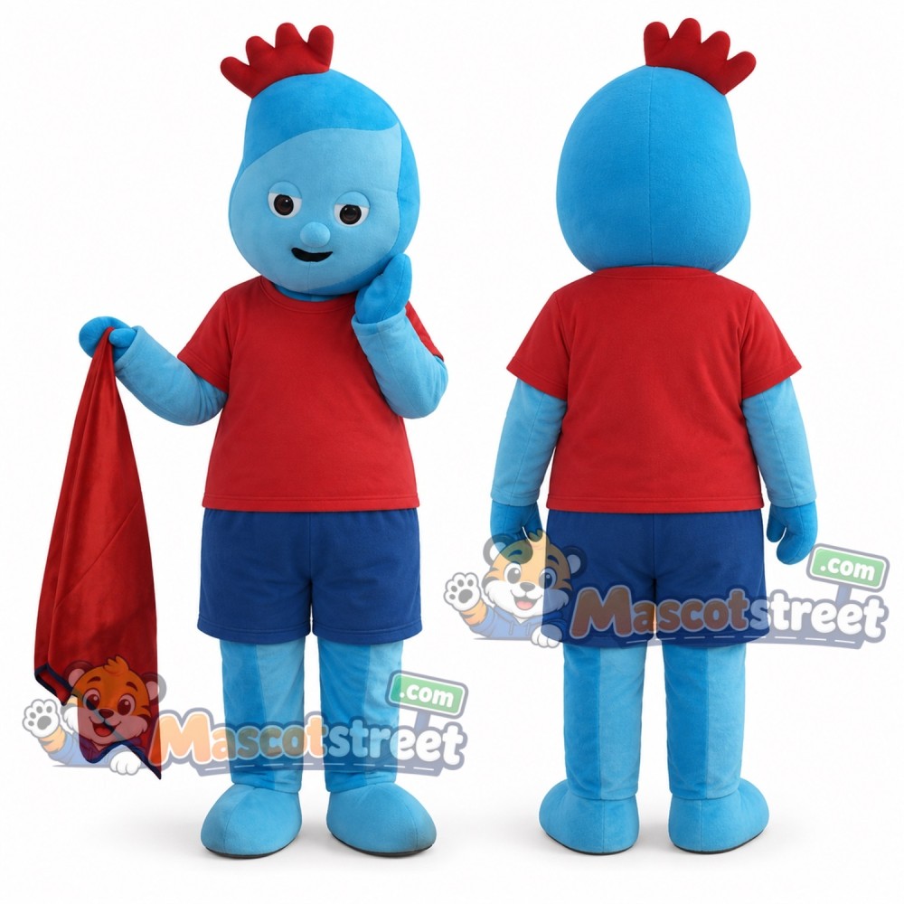 Blue Character with Red Crest Mascot Costume with Red Shirt and Blue Shorts Blue Character with Red Crest Mascot Costume with Red Shirt and Blue Shorts