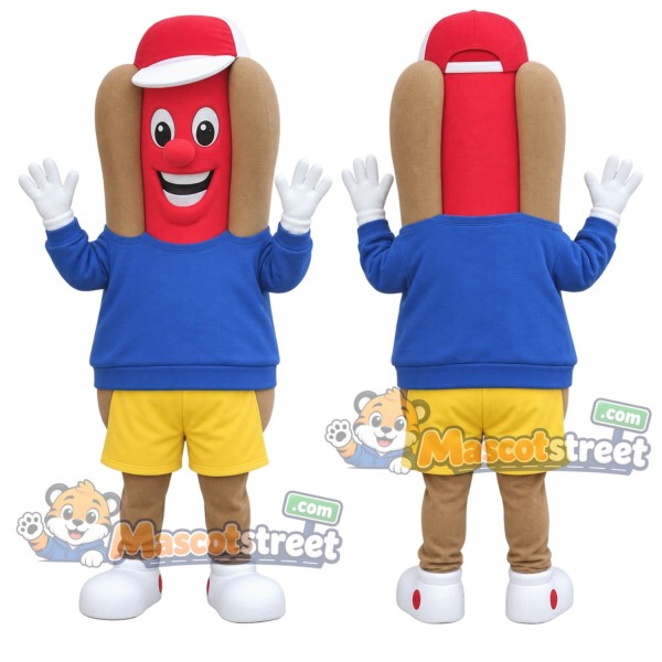 Hot Dog Mascot Costume with Blue Sweatshirt, Yellow Shorts and Red Cap