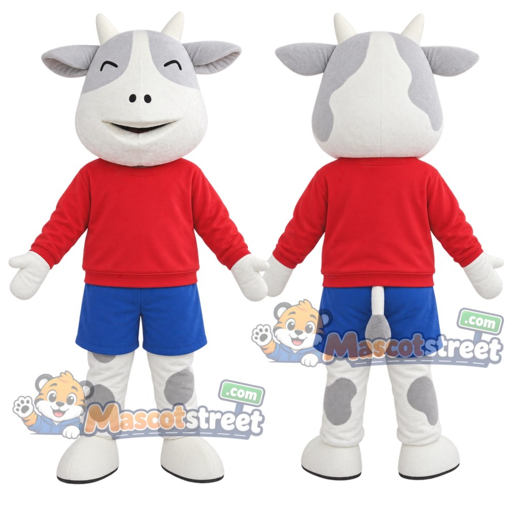 Gray and White Cow Mascot Costume with Red Sweatshirt and Blue Shorts Gray and White Cow Mascot Costume with Red Sweatshirt and Blue Shorts