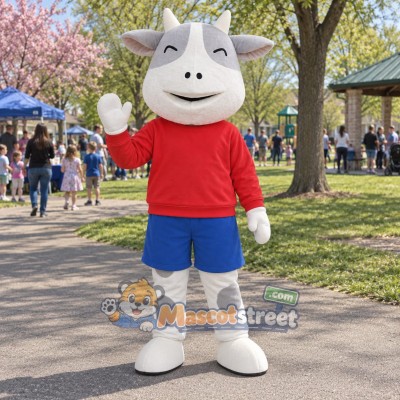 Gray and White Cow Mascot Costume with Red Sweatshirt and Blue Shorts Gray and White Cow Mascot Costume with Red Sweatshirt and Blue Shorts