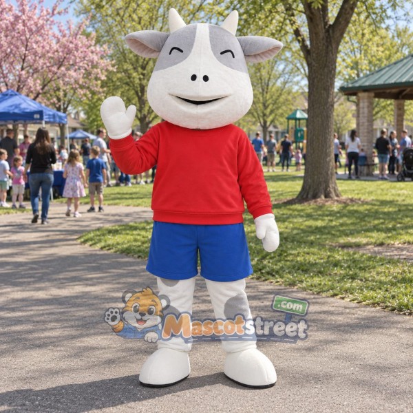 Gray and White Cow Mascot Costume with Red Sweatshirt and Blue Shorts