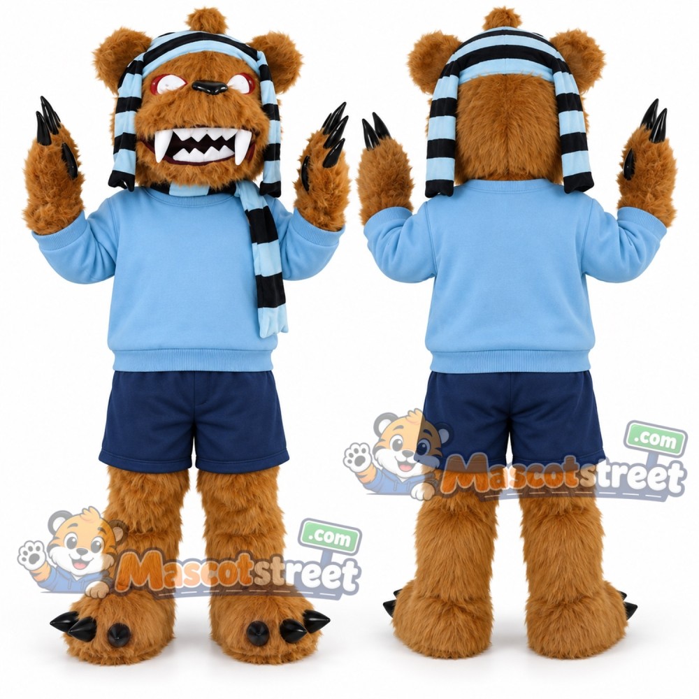 Brown Monster Mascot Costume with Light Blue Hoodie and Navy Shorts Brown Monster Mascot Costume with Light Blue Hoodie and Navy Shorts