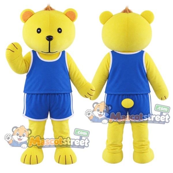 Yellow Bear Mascot Costume with Blue Sports Uniform