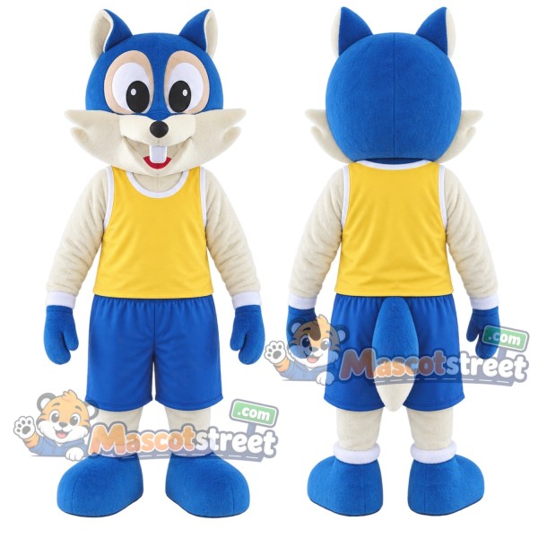 Blue and White Fox Mascot Costume with Yellow Sleeveless Shirt and Blue Shorts