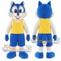 Blue and White Fox Mascot Costume with Yellow Sleeveless Shirt and Blue Shorts