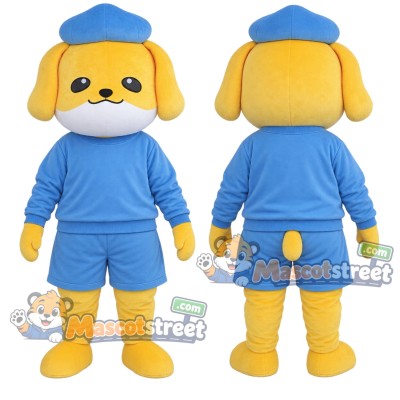 Yellow Dog Mascot Costume with Light Blue Sweatshirt, Blue Shorts and Blue Hat Yellow Dog Mascot Costume with Light Blue Sweatshirt, Blue Shorts and Blue Hat