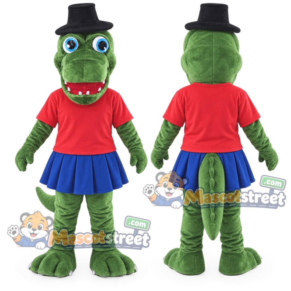Green Crocodile Mascot Costume with Red Shirt, Blue Skirt and Black Bowler Hat Green Crocodile Mascot Costume with Red Shirt, Blue Skirt and Black Bowler Hat