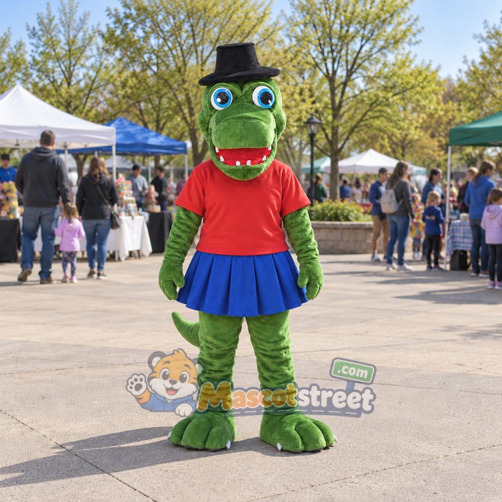 Green Crocodile Mascot Costume with Red Shirt, Blue Skirt and Black Bowler Hat