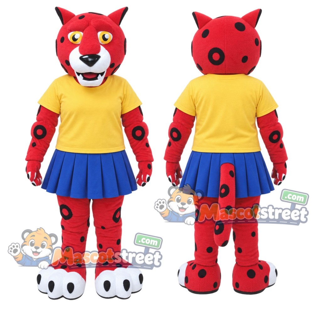 Red Spotted Leopard Mascot Costume with Yellow Shirt and Blue Skirt Red Spotted Leopard Mascot Costume with Yellow Shirt and Blue Skirt