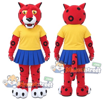 Red Spotted Leopard Mascot Costume with Yellow Shirt and Blue Skirt Red Spotted Leopard Mascot Costume with Yellow Shirt and Blue Skirt
