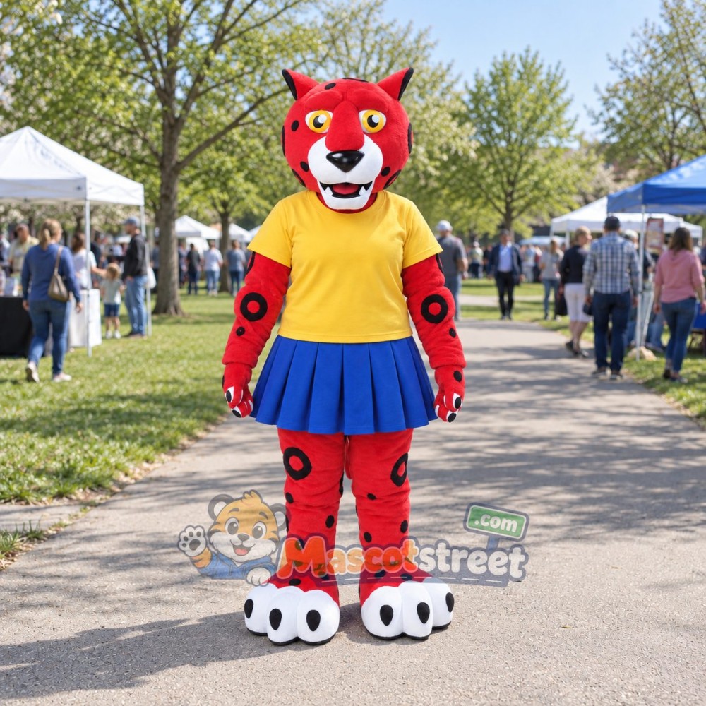 Red Spotted Leopard Mascot Costume with Yellow Shirt and Blue Skirt Red Spotted Leopard Mascot Costume with Yellow Shirt and Blue Skirt