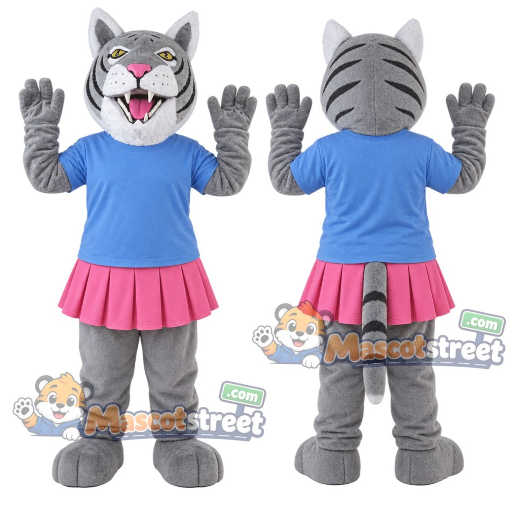 Gray Tiger Mascot Costume with Blue Shirt and Pink Skirt