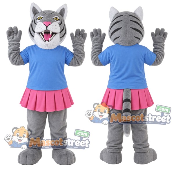 Gray Tiger Mascot Costume with Blue Shirt and Pink Skirt