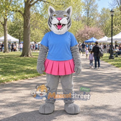 Gray Tiger Mascot Costume with Blue Shirt and Pink Skirt Gray Tiger Mascot Costume with Blue Shirt and Pink Skirt