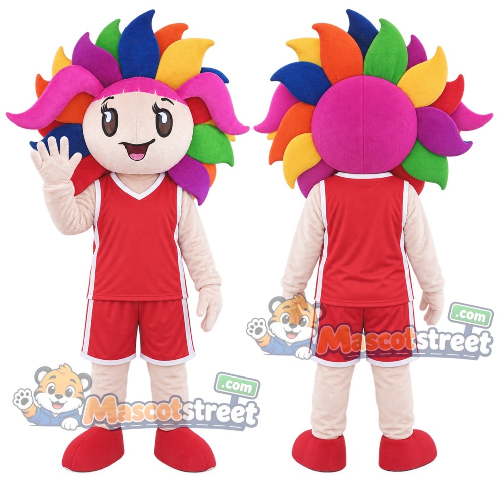 Rainbow Flower Mascot Costume with Red Shirt and Shorts Rainbow Flower Mascot Costume with Red Shirt and Shorts