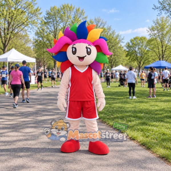 Rainbow Flower Mascot Costume with Red Shirt and Shorts