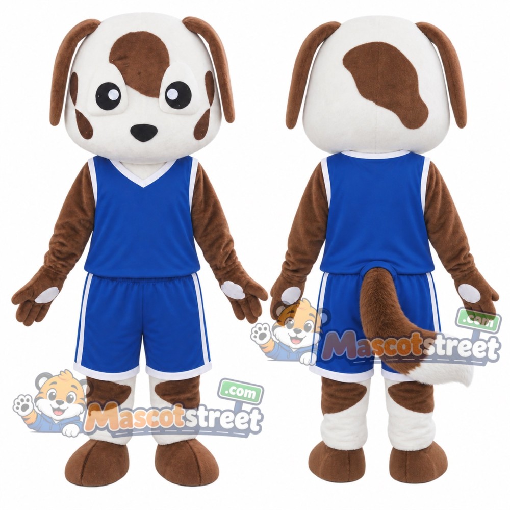 Brown and White Spotted Dog Mascot Costume with Blue Sports Uniform