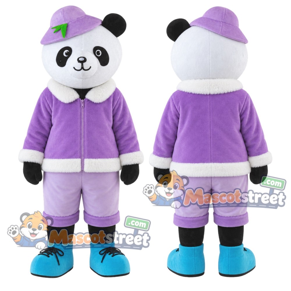 Panda Mascot Costume with Purple Outfit and Purple Cap Panda Mascot Costume with Purple Outfit and Purple Cap