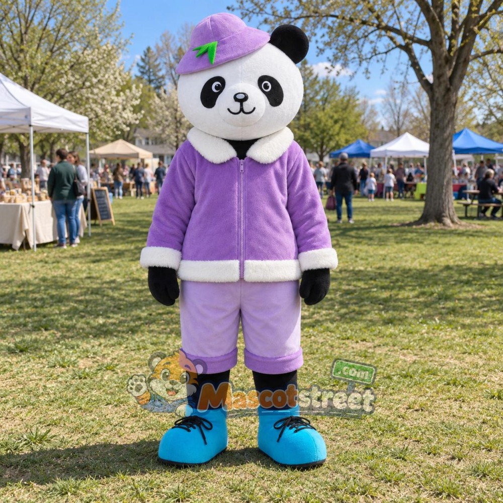 Panda Mascot Costume with Purple Outfit and Purple Cap
