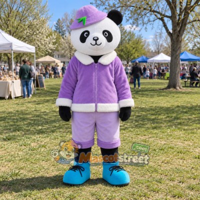 Panda Mascot Costume with Purple Outfit and Purple Cap