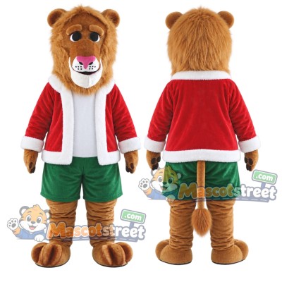 Brown Lion Mascot Costume with Santa Jacket and Green Shorts Brown Lion Mascot Costume with Santa Jacket and Green Shorts