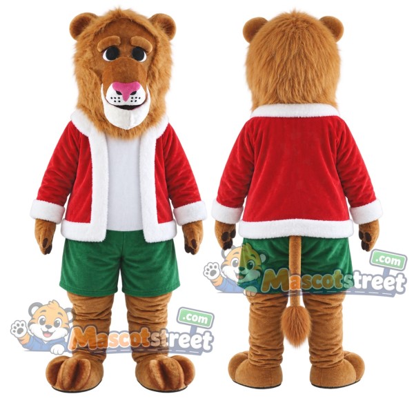 Brown Lion Mascot Costume with Santa Jacket and Green Shorts